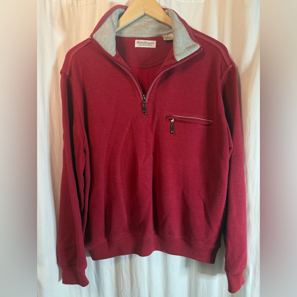 Norm Thompson Men's Quarter-Zip Pullover Sweater - Burgundy with Gray Trim